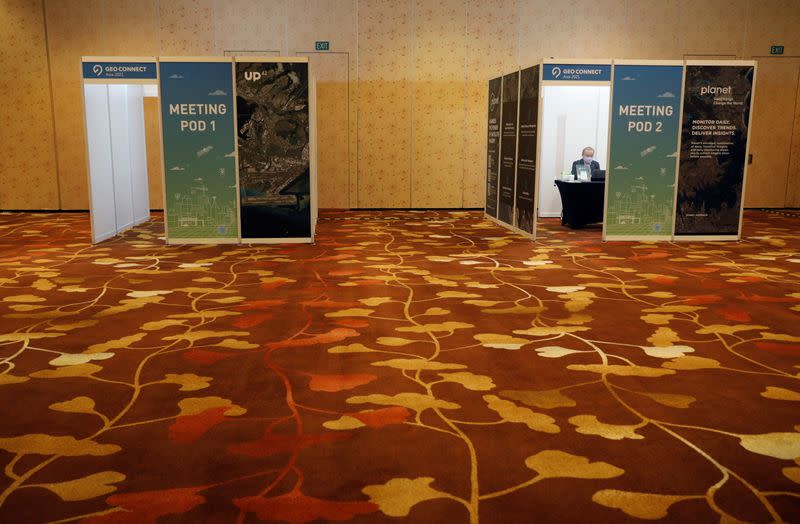 A view of meeting pods fitted with plexiglass made available to attendees at Geo Connect Asia trade conference in Singapore