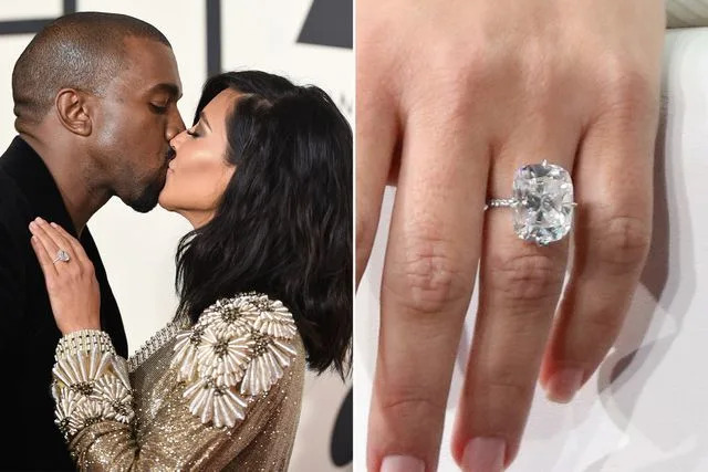 <p>Axelle/Bauer-Griffin/FilmMagic ; JB Lacroix/WireImage</p> Kanye West and Kim Kardashian arrive at the 57th Annual GRAMMY Awards on February 8, 2015 in Los Angeles, California. ; Kim Kardashian's ring details.