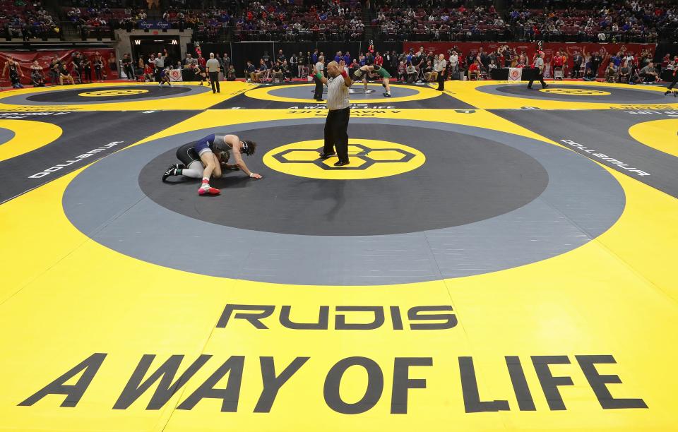 RUDIS wrestling gear provided the OHSAA with new mats for this year's state wrestling tournament at the Jerome Schottenstein Center, Friday, March 10, 2023, in Columbus, Ohio.