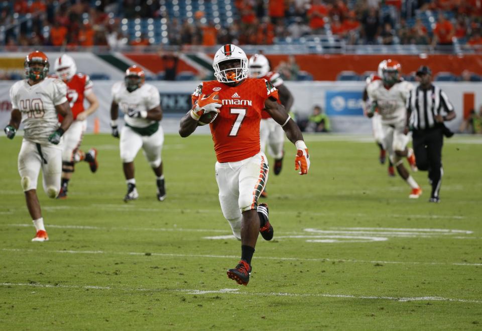 Gus Edwards rushed for 290 yards and a touchdown for Miami in 2016. (AP Photo/Wilfredo Lee)