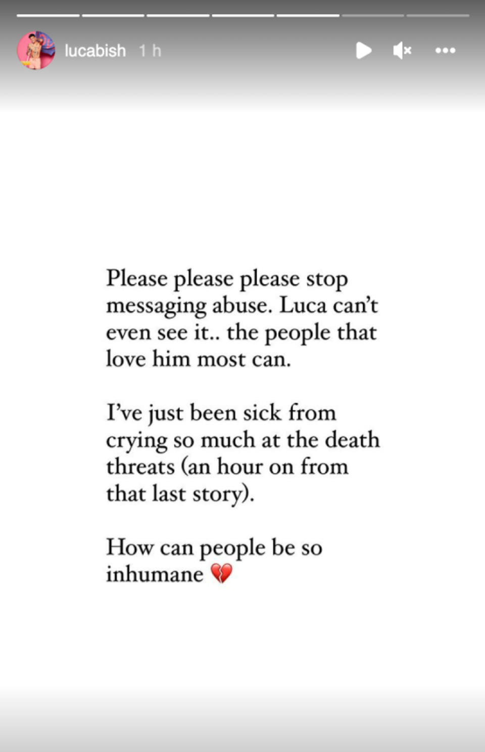 Luca’s family addressed his attitude and trolls who sent “death threats” following the episode (Instagram)
