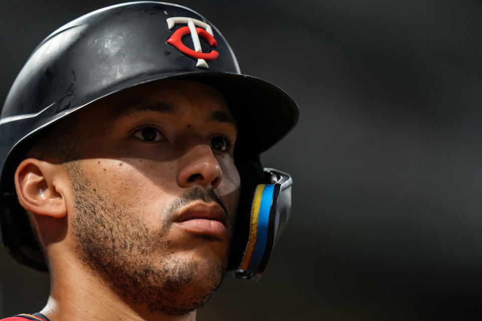 MINNEAPOLIS, MN - AUGUST 26: Carlos Correa #4 of the Minnesota Twins looks on against the San Francisco Giants on August 26, 2022 at Target Field in Minneapolis, Minnesota. (Photo by Brace Hemmelgarn/Minnesota Twins/Getty Images)