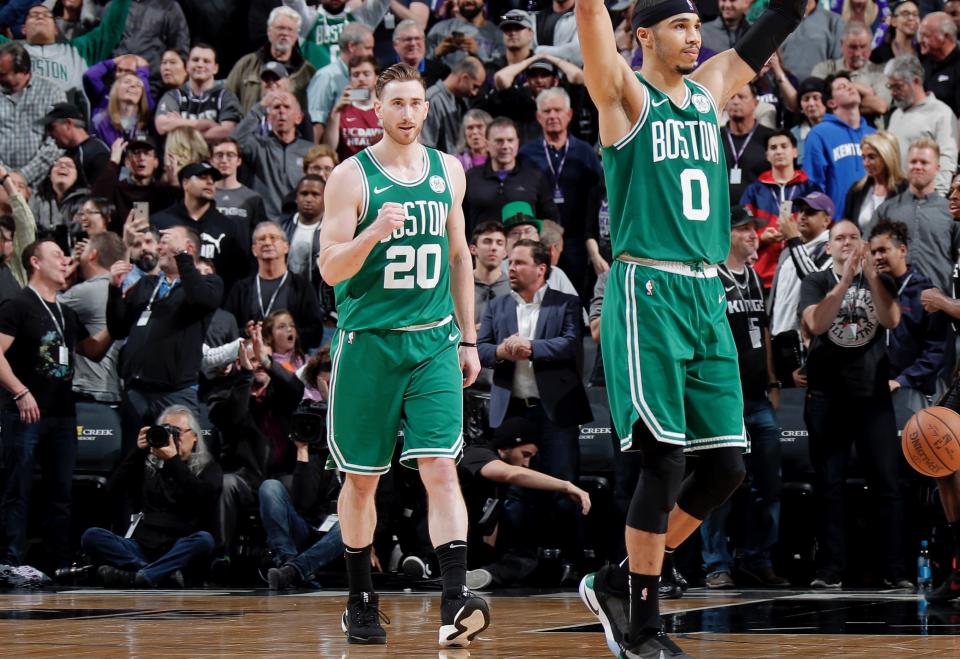 Gordon Hayward experienced joy for a second straight night with the Celtics. (Getty)