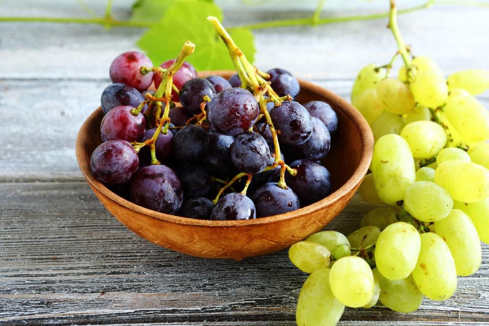 <p>The juicy fruits are packed with the antioxidant resveratrol, which <a href="http://www.ncbi.nlm.nih.gov/pmc/articles/PMC2728696/" rel="nofollow noopener" target="_blank" data-ylk="slk:research suggests;elm:context_link;itc:0" class="link ">research suggests </a>could play a role in thwarting the development of stomach, breast, liver, and lymphatic cancers. One thing to keep in mind? When it comes to cancer prevention, whole grapes are probably a better choice than red wine. Even though vino’s got resveratrol too, <a href="https://www.prevention.com/health/health-conditions/a19676118/long-term-effects-of-alcohol/" rel="nofollow noopener" target="_blank" data-ylk="slk:alcohol consumption;elm:context_link;itc:0" class="link ">alcohol consumption</a> can up your cancer risk, <a href="https://www.cdc.gov/cancer/alcohol/index.htm" rel="nofollow noopener" target="_blank" data-ylk="slk:the CDC;elm:context_link;itc:0" class="link ">the CDC</a> says. </p><p><strong>Try it:</strong> <a href="https://www.prevention.com/food-nutrition/recipes/a20493176/chicken-waldorf-tacos/" rel="nofollow noopener" target="_blank" data-ylk="slk:Chicken Waldorf Tacos;elm:context_link;itc:0" class="link ">Chicken Waldorf Tacos</a></p>
