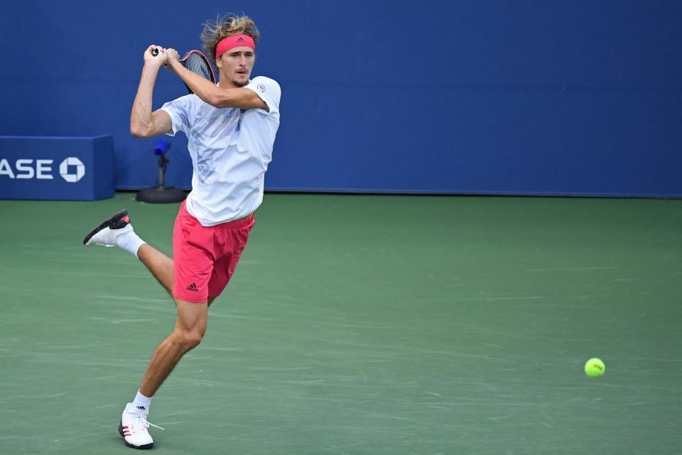 More than three hours after it was set to begin, the match between No. 5 Alexander Zverev, above, and No. 32 Adrian Mannarino finally began on Arthur Ashe Stadium.