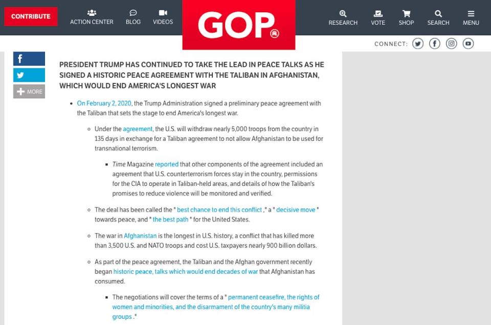 Archived version of RNC page touting Trump's Taliban deal