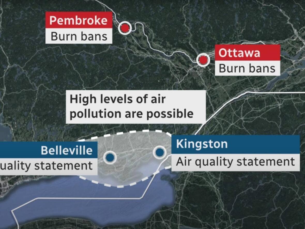 Heat warnings, fire bans and an air quality statement have been issued in eastern Ontario amid unseasonably hot and sunny weather.  (CBC News Graphics - image credit)