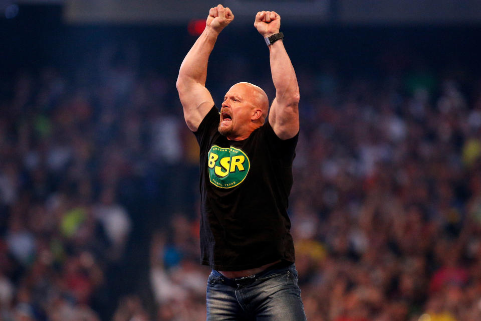 "Stone Cold" Steve Austin is seen during Wrestlemania XXX at the Mercedes-Benz Super Dome in New Orleans on Sunday, April 6, 2014. (Jonathan Bachman/AP Images for WWE)
