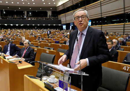 European Commission President Jean-Claude Juncker presents a white paper to the European Parliament on options for shoring up unity once Britain launches its withdrawal process, in Brussels, Belgium, March 1, 2017. REUTERS/Yves Herman