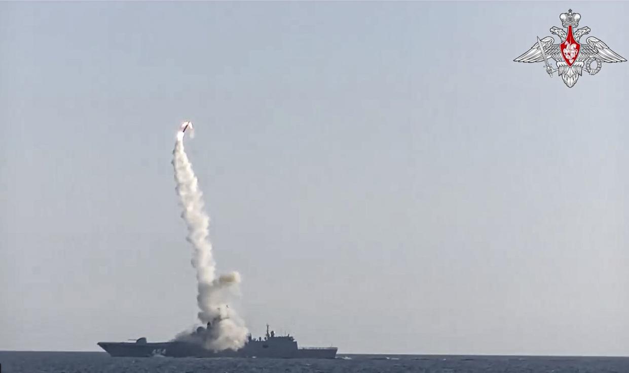 in this photo taken from video distributed by russian defense ministry press service, a new zircon hypersonic cruise missile is launched by the frigate admiral gorshkov of the russian navy from the white sea, in the north of russia, russia, monday, july 19, 2021 the russian military has reported another successful test launch of a new zircon hypersonic cruise missile russia's defense ministry said the launch took place on monday from an admiral groshkov frigate located in the white sea, in the north of russia the ministry said the missile successfully hit a target more than 350 kilometers 217 miles away on the coast of the barents sea russian defense ministry press service via ap