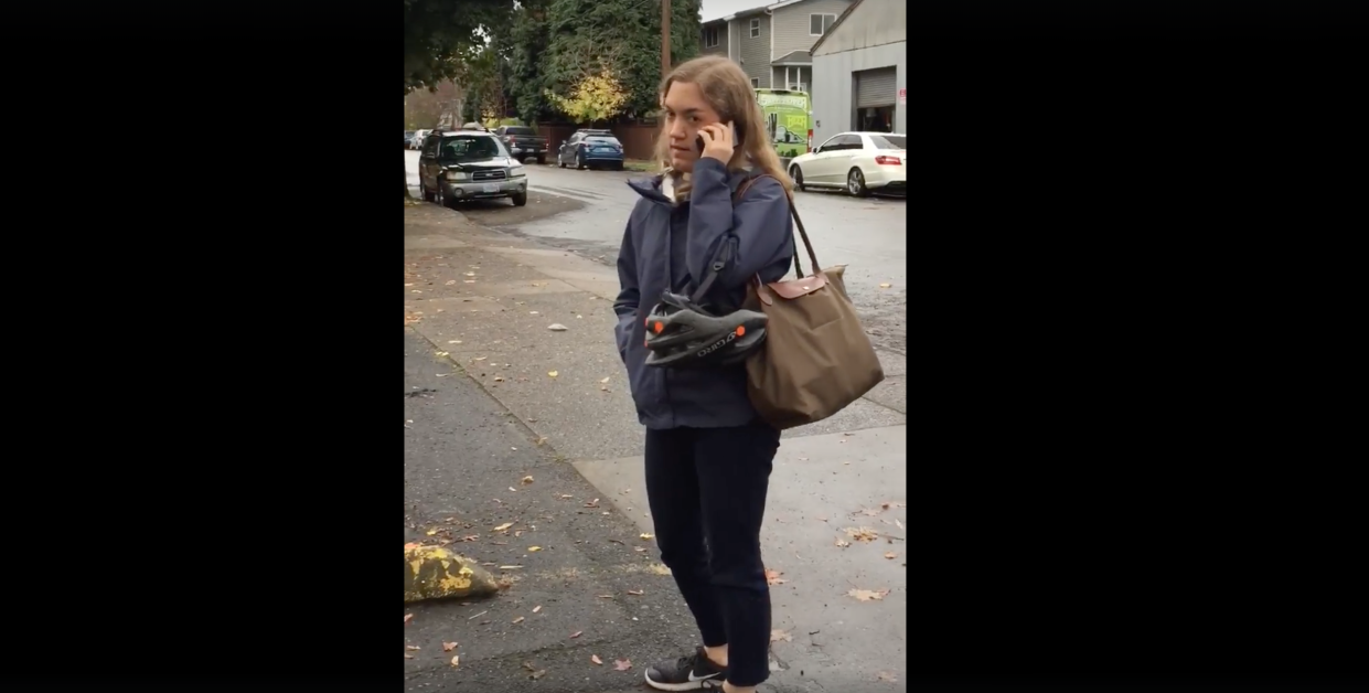 The internet has named a woman “Crosswalk Cathy” for reporting a black couple’s poor parking job. (Screenshot: Mattie Khan via Facebook)