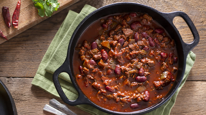 Southern chili with beef in ovenproof dish