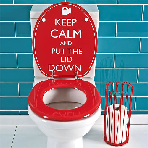 <b>Keep Calm toilet seat - £30 - <a href=" http://bit.ly/TnYhiz" rel="nofollow noopener" target="_blank" data-ylk="slk:Next;elm:context_link;itc:0;sec:content-canvas" class="link ">Next</a></b> <br><br> Start your day with a smile with Next’s cheerful range of towels and accessories with the iconic ‘Keep Calm’ message - including bath mat, light-pull, soap dispenser, toothbrush holder and soap dish. Our favourite though, has to be the loo seat.