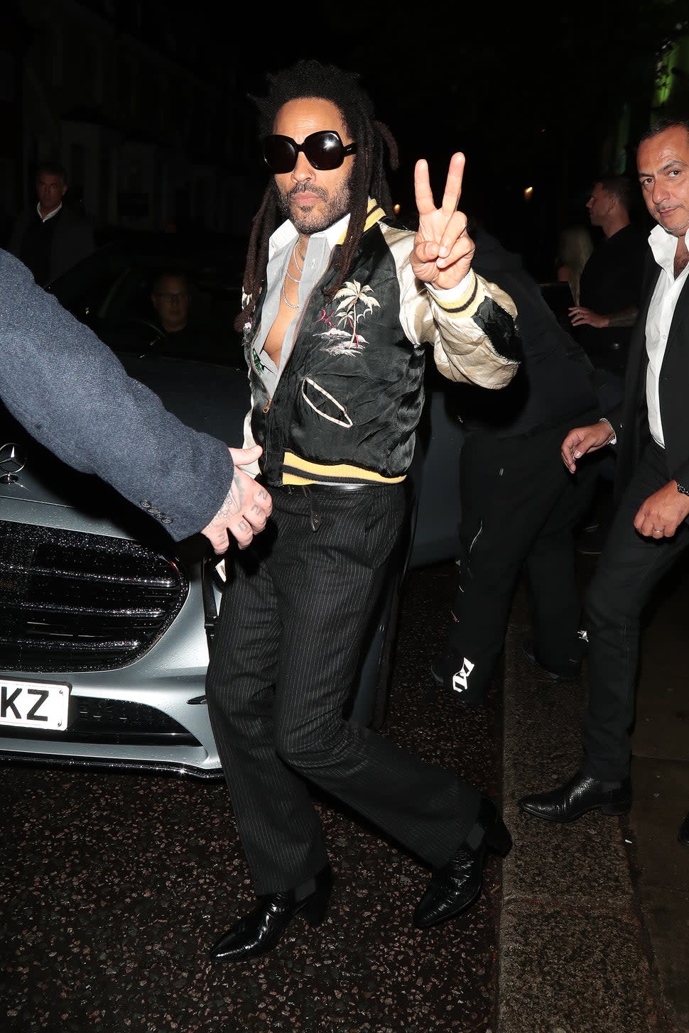 Lenny Kravitz seen leaving Mick Jagger's 80th birthday party at Embargo Republica nightclub in Chelsea on July 26, 2023 in London, England.