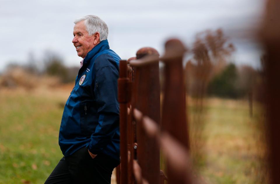 Missouri Governor Mike Parson reflects on his time in office and what he plans to do after he leaves office during an interview at his farm near Bolivar on Thursday, Nov. 16, 2023.