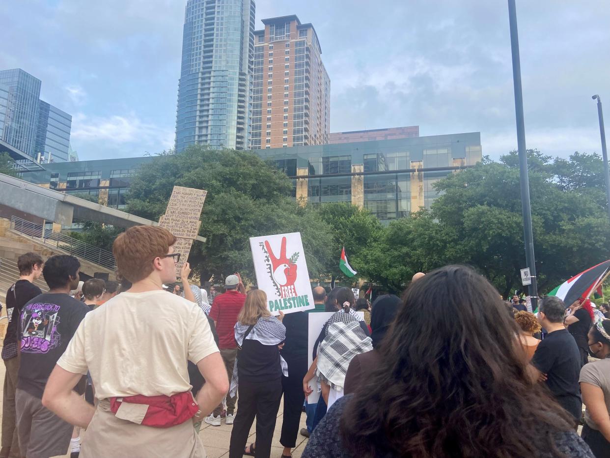About 200 people rallied at Austin City Hall on Tuesday to raise concern about Israel's offensive in Rafah and to call on the city to pass a ceasefire resolution.