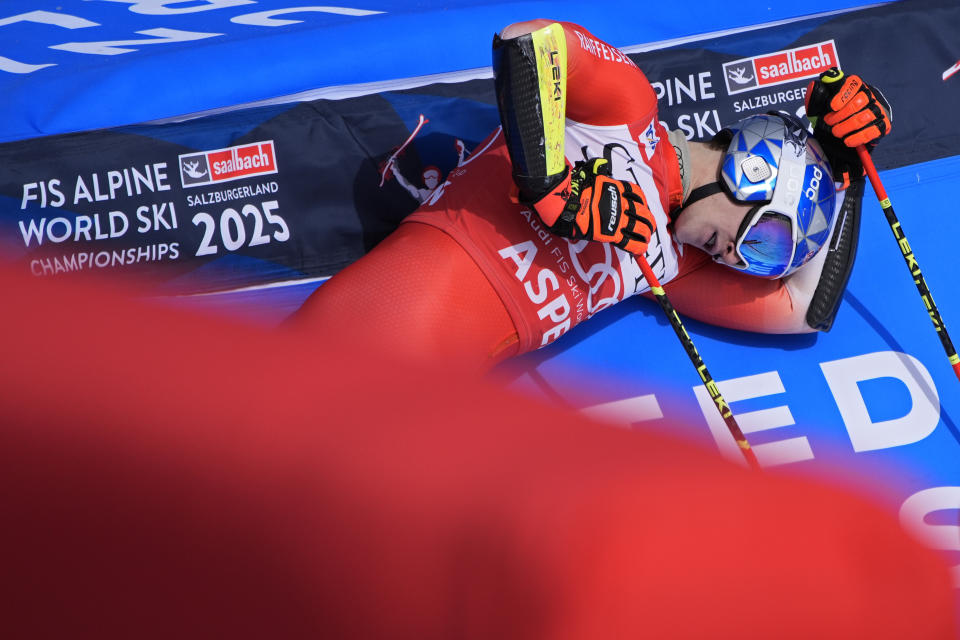 Switzerland's Marco Odermatt celebrates after his run during a men's World Cup giant slalom skiing race Saturday, March 2, 2024, in Aspen, Colo. (AP Photo/John Locher)