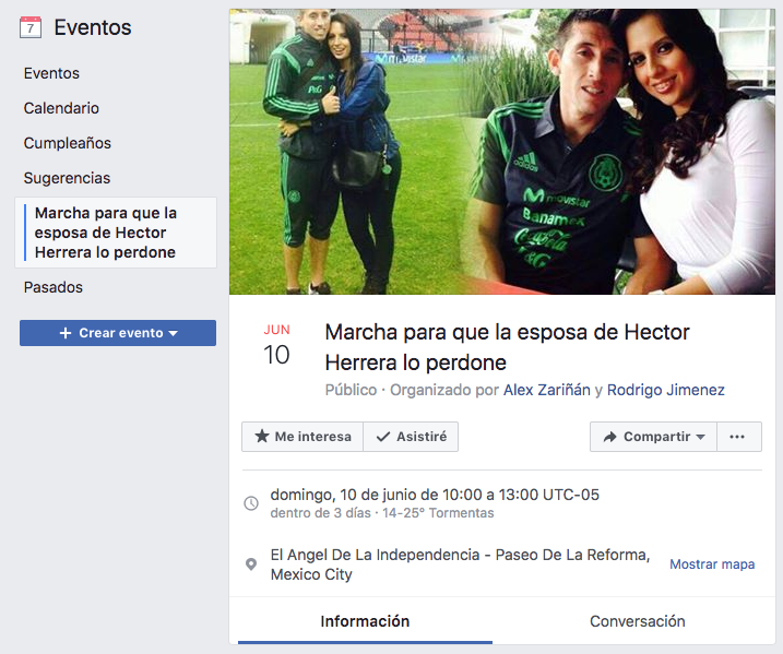 Captura de pantalla de la página de Facebook creada ex profeso para convocar a una marcha por el perdón del futbolista mexicano Héctor Herrera. / Foto: Facebook