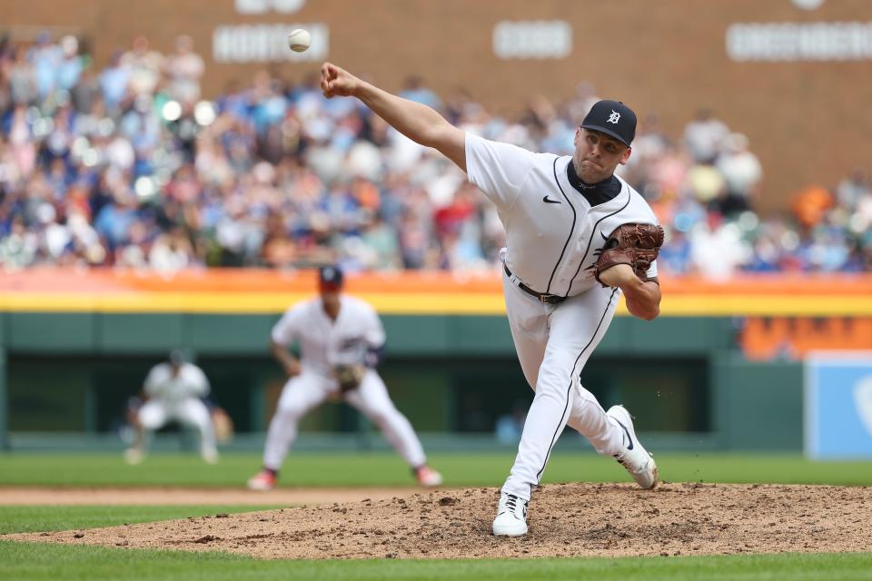 Alex Lange No. 55 of the Detroit Tigers throws a ninth inning pitch against the Toronto Blue Jays at Comerica Park on July 08, 2023, in Detroit, Michigan.