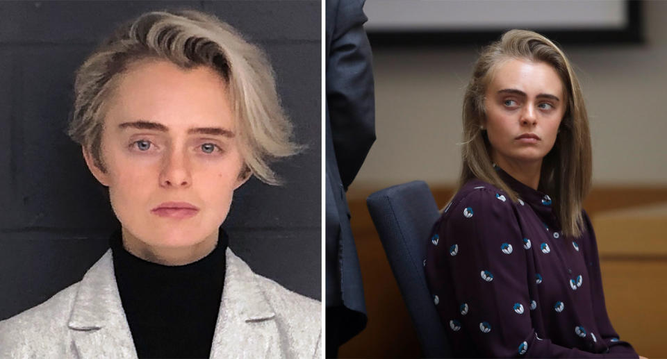 Michelle Carter, who was convicted of encouraging her boyfriend to kill himself via text, is seen on the left in a mugshot earlier this year and on the right in 2017 in court.