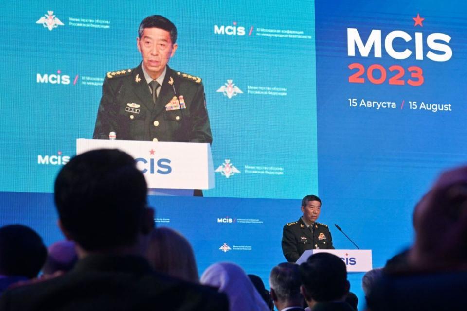 China's Defense Minister Li Shangfu makes a speech during the Moscow Conference on International Security in Kubinka, Russia, on Aug. 15, 2023. (Photo by ALEXANDER NEMENOV/AFP via Getty Images)