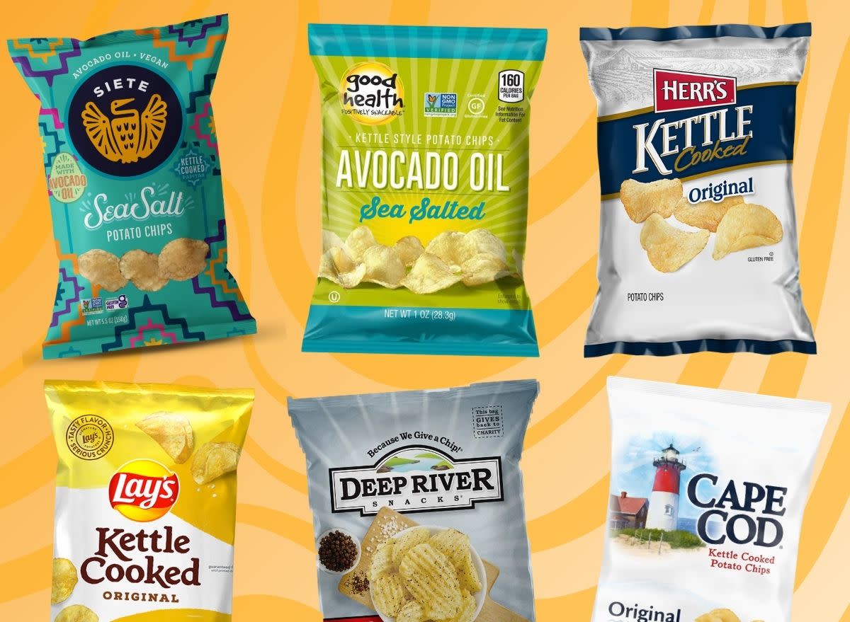 A collage of different brands of kettle-cooked potato chips against a bright yellow background.