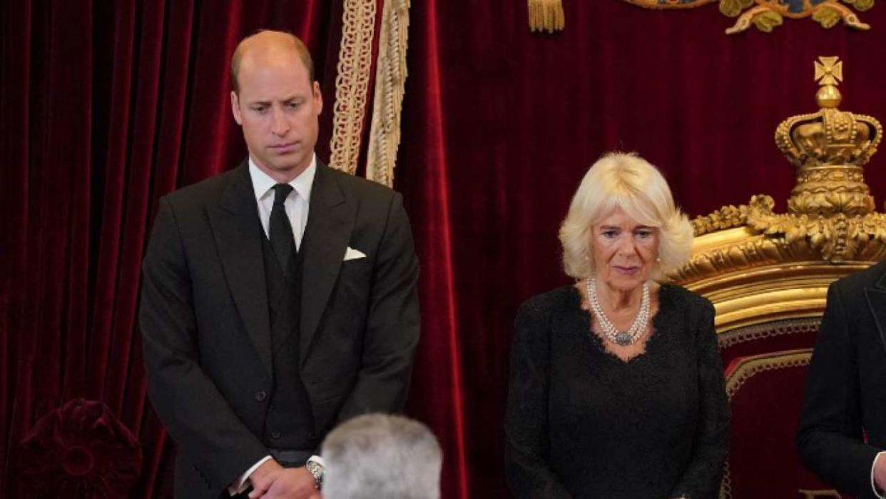 Britain's Prince William, Prince of Wales (L) and Britain's Camilla, Queen Consort listen as Britain's King Charles III (R) speaks during a meeting of the Accession Council in the Throne Room inside St James's Palace in London on September 10, 2022, to proclaim him as the new King. - Britain's Charles III was officially proclaimed King in a ceremony on Saturday, a day after he vowed in his first speech to mourning subjects that he would emulate his 