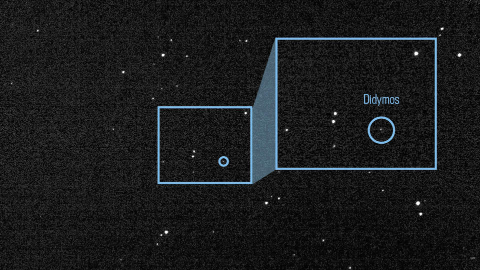 Composite of 243 images taken by DRACO on July 27, 2022, detecting Didymos. (JPL DART Navigation Team)