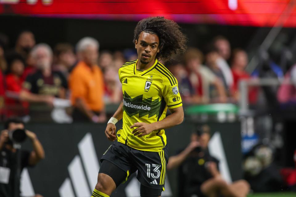 Jul 20, 2024; Atlanta, Georgia, USA; Columbus Crew midfielder Aziel Jackson (13) in action against the Atlanta United in the second half at Mercedes-Benz Stadium. Mandatory Credit: Brett Davis-USA TODAY Sports