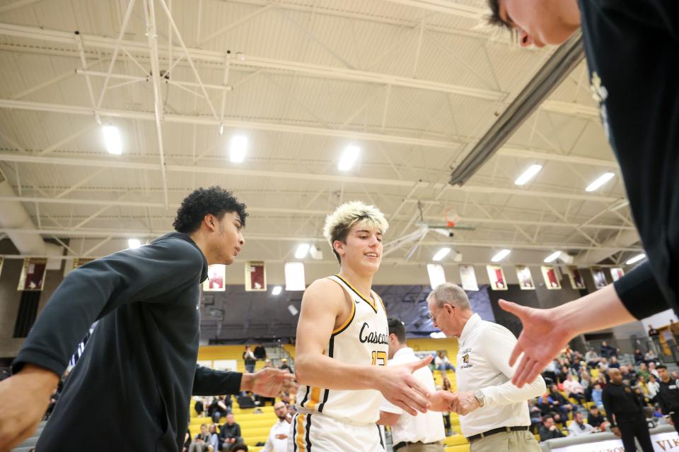 Cascade's Spencer Horne (12) is announced before the first half of the 4A state quarterfinal against Marist at Forest Grove High School Thursday, March 9, 2023, in Forest Grove, Ore.