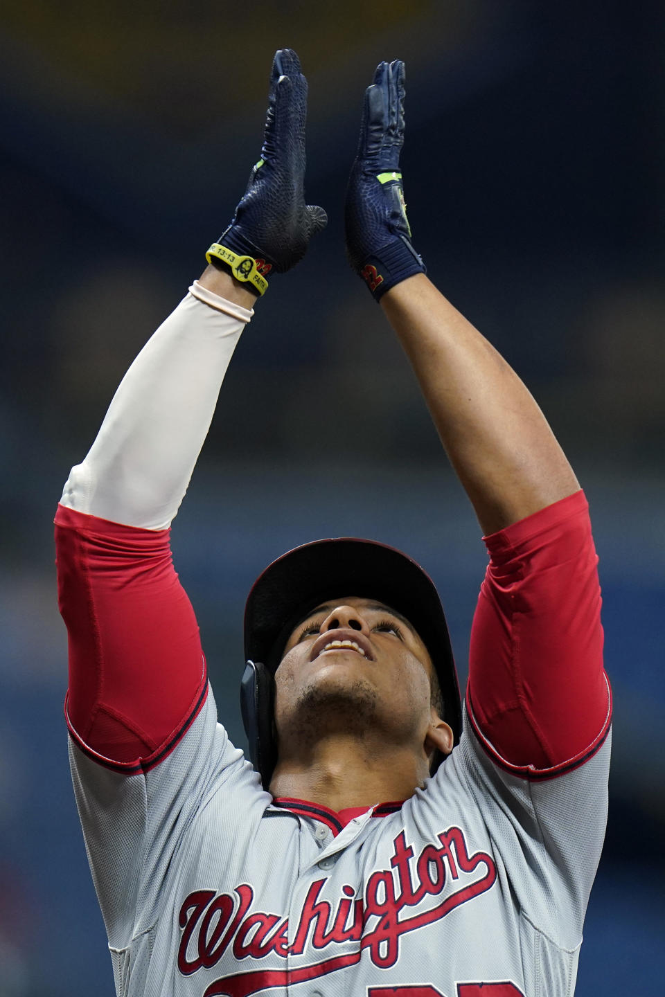 Washington Nationals' Juan Soto celebrates his two-run home run off Tampa Bay Rays starting pitcher Shane McClanahan during the first inning of a baseball game Wednesday, June 9, 2021, in St. Petersburg, Fla. (AP Photo/Chris O'Meara)