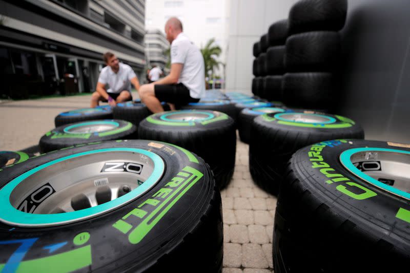 FILE PHOTO: General view of mechanics and Pirelli tyres