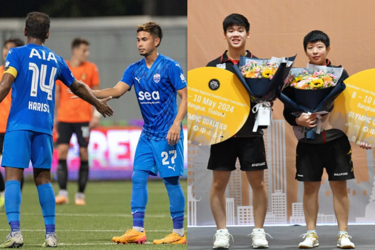 Lion City Sailors captain Hariss Harun and Adam Swandi during their 4-1 victory over Hougang United in the Singapore Premier League (left pic), while paddlers Izaac Quek and Zeng Jian qualify for the 2024 Paris Olympics. (PHOTOS: SPL/Table Tennis Association of Thailand)