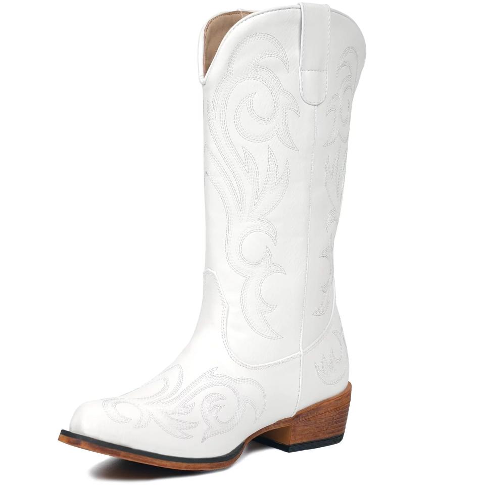 white cowboy boot with brown heel