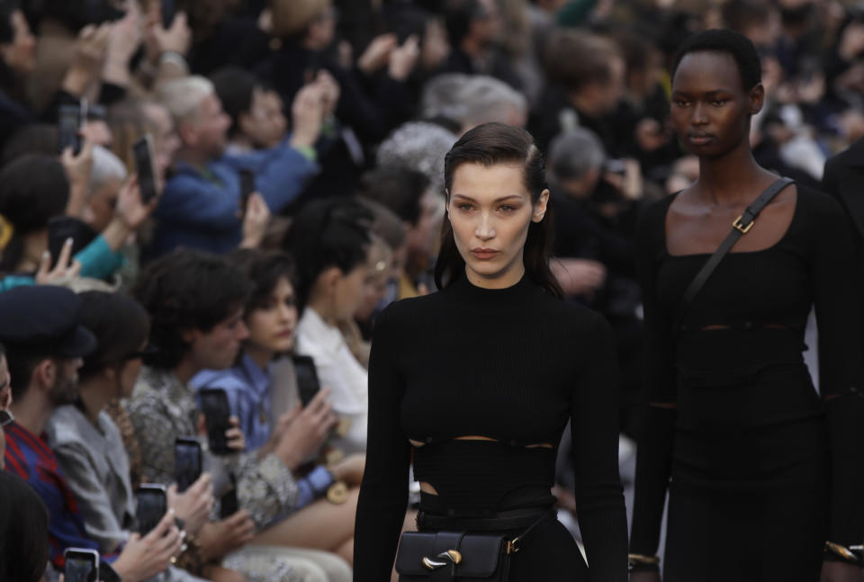 Model Bella Hadid wears a creation as part of the Roberto Cavalli women's Fall-Winter 2019-2020 collection, that was presented in Milan, Italy, Saturday, Feb.23, 2019. (AP Photo/Luca Bruno)