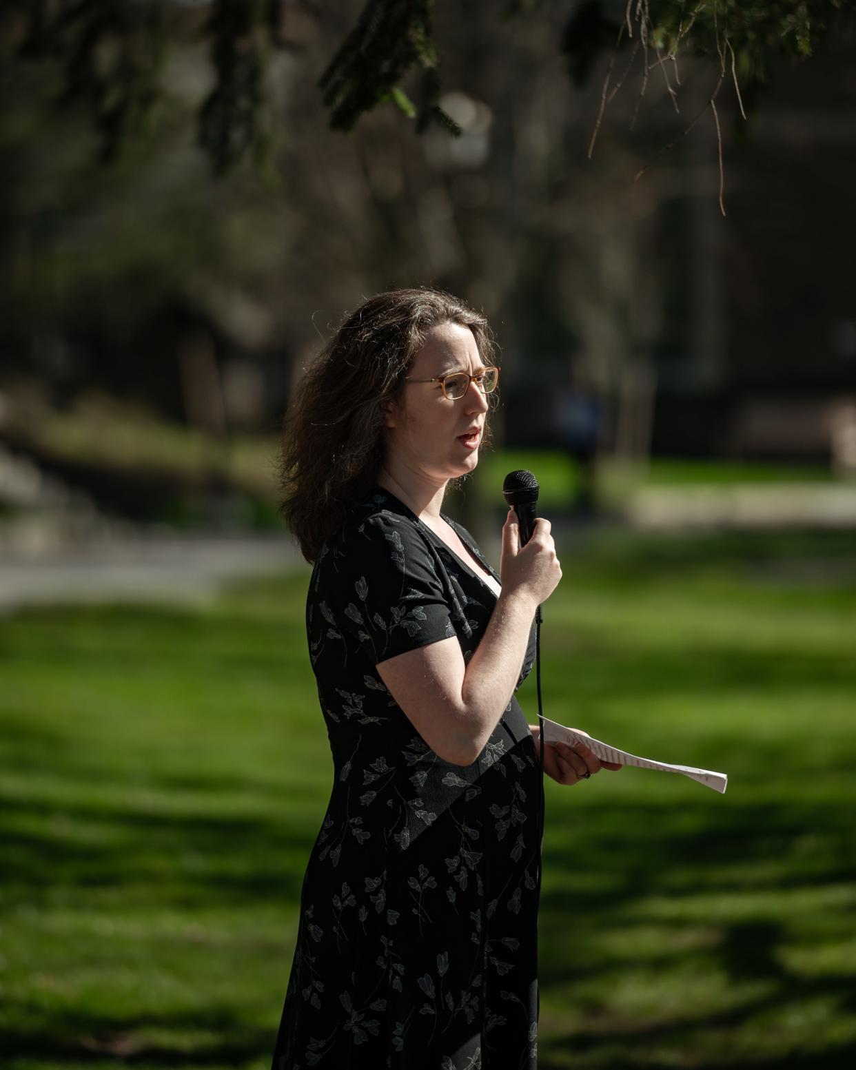 Visiting Assistant Professor of History Rebecca Gruskin addresses the crowd at Hamilton College in Clinton, NY on Thursday, May 2, 2024.