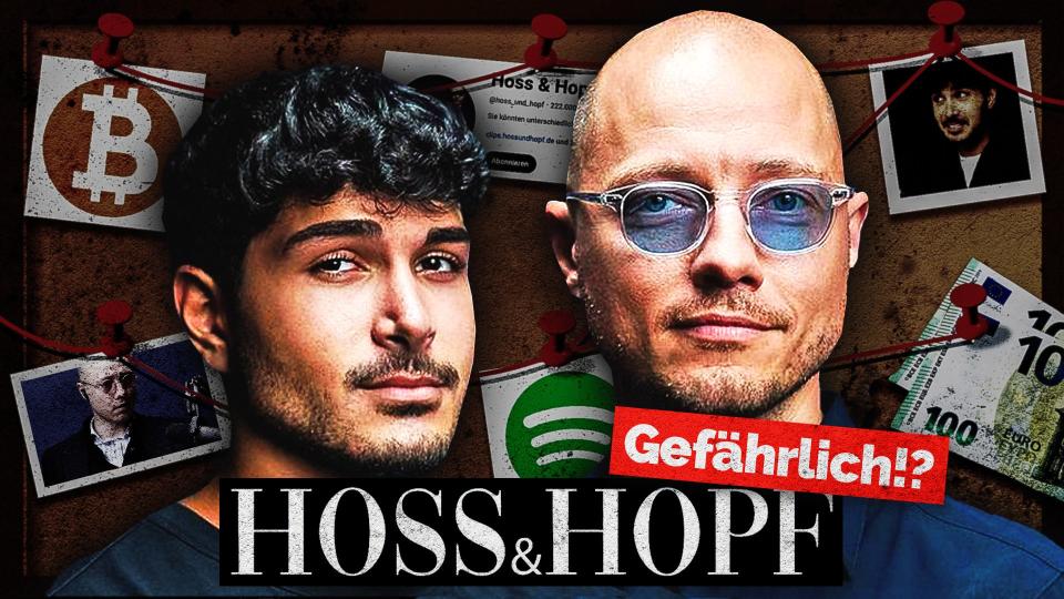 Kiarash Hossainpour und Philip Hopf (rechts) haben einen der größten Podcasts Deutschlands. - Copyright: Hoss und Hopf / Youtube / Getty Images / Picture Alliance / Collage: Falco Konitzki