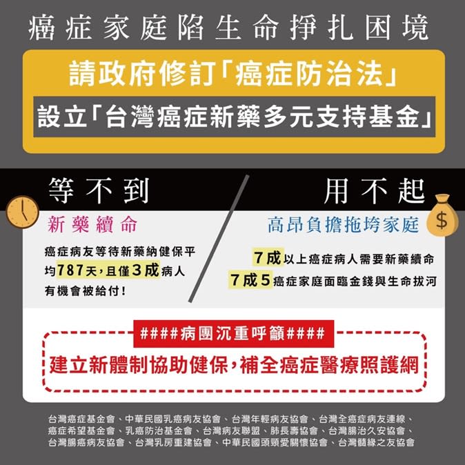 十三個病友團體13日發佈聯合聲明，期盼政府聆聽病友心聲，參考國際經驗設置癌症新藥專屬基金（台灣癌症基金會提供）