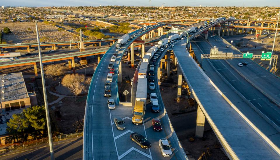 An aerial view of the traffic leading to the Bridge of the Americas international port of entry that leads into Juárez from El Paso at the Spaghetti Bowl is shown Feb. 10, 2021, in El Paso.