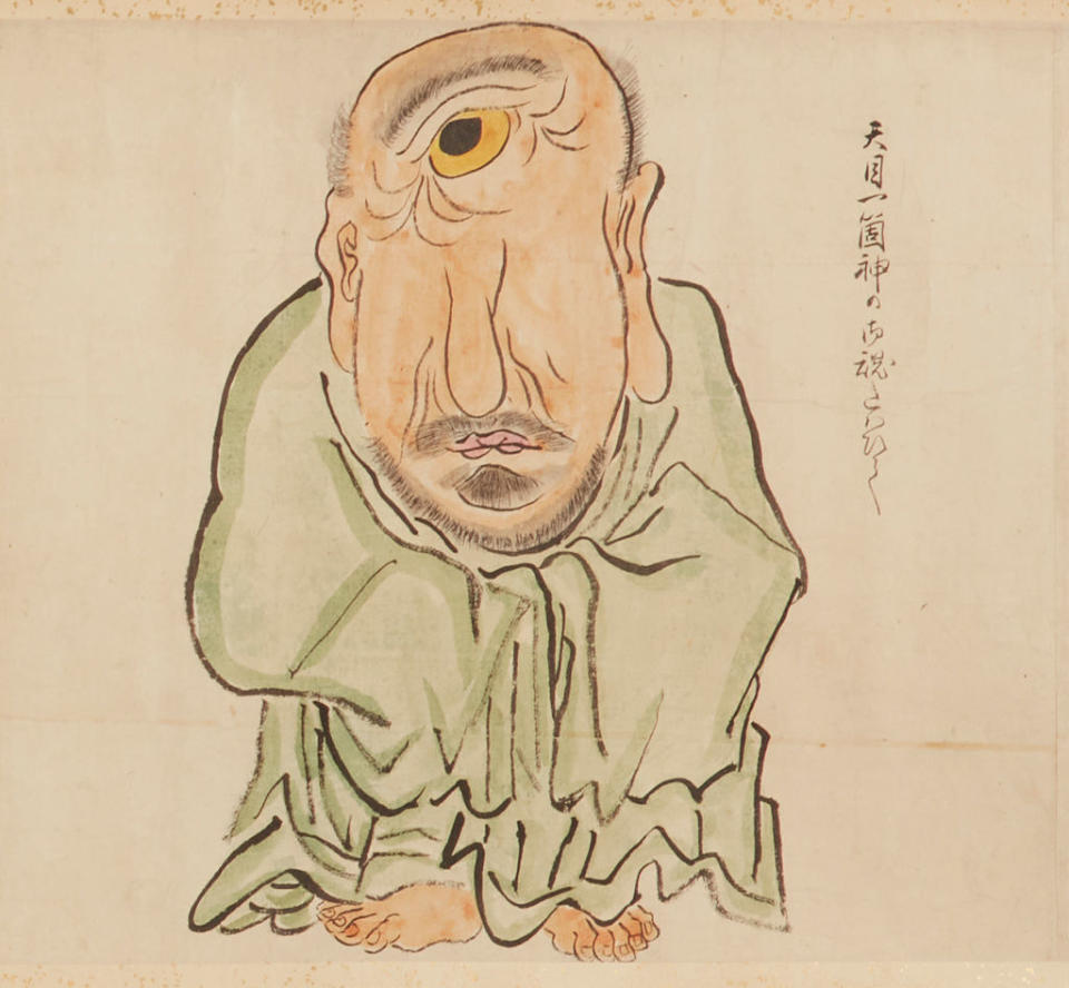 An ink painting of a one-eyed goblin with scruffy facial hair and a green robe