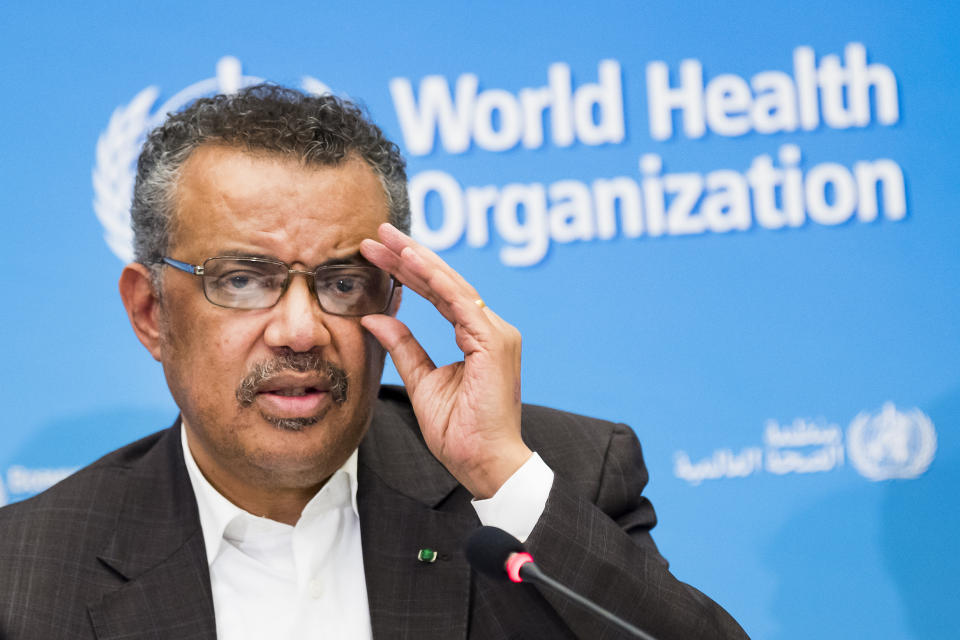 Tedros Adhanom Ghebreyesus, Director General of the World Health Organization (WHO), talks to the media at the World Health Organization headquarters in Geneva, Switzerland, Thursday, Jan. 30, 2020. The World Health Organization declared the outbreak of a new deadly virus which originated from China a &quot;global health emergency.&quot; China, where the coronavirus emerged, has reported 170 deaths and at least 7,800 infections from the infection. (Jean-Christophe Bott/Keystone via AP)