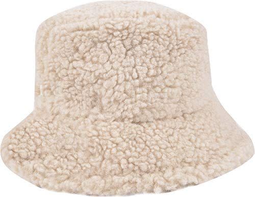 2) QZUnique Women's Faux Fur Bucket Hat Teddy Style Winter Hat Fisherman Hat Warm Windproof Hat for Women for Girls Beige