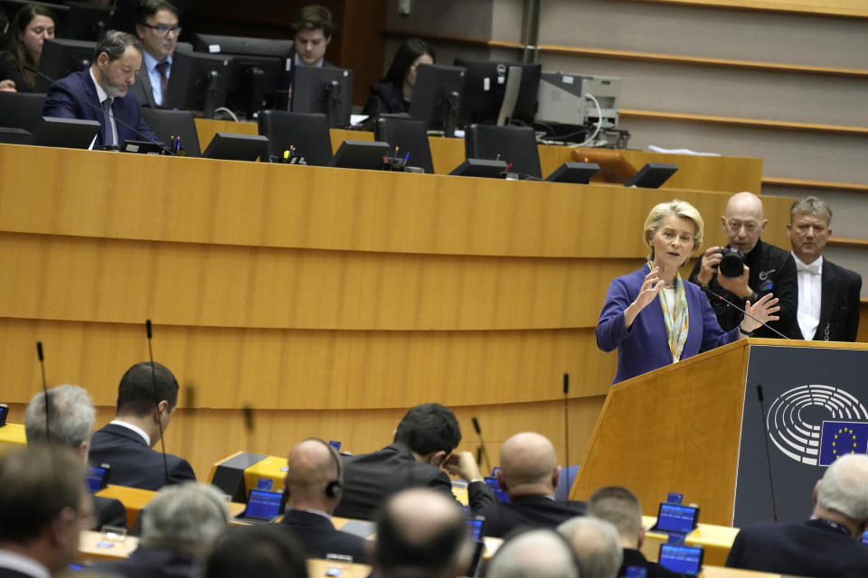 European Commission President Ursula von der Leyen speaks during a ceremony for the Good Friday Agreement at a plenary session in the European Parliament in Brussels, Wednesday, March 29, 2023. (AP Photo/Virginia Mayo)