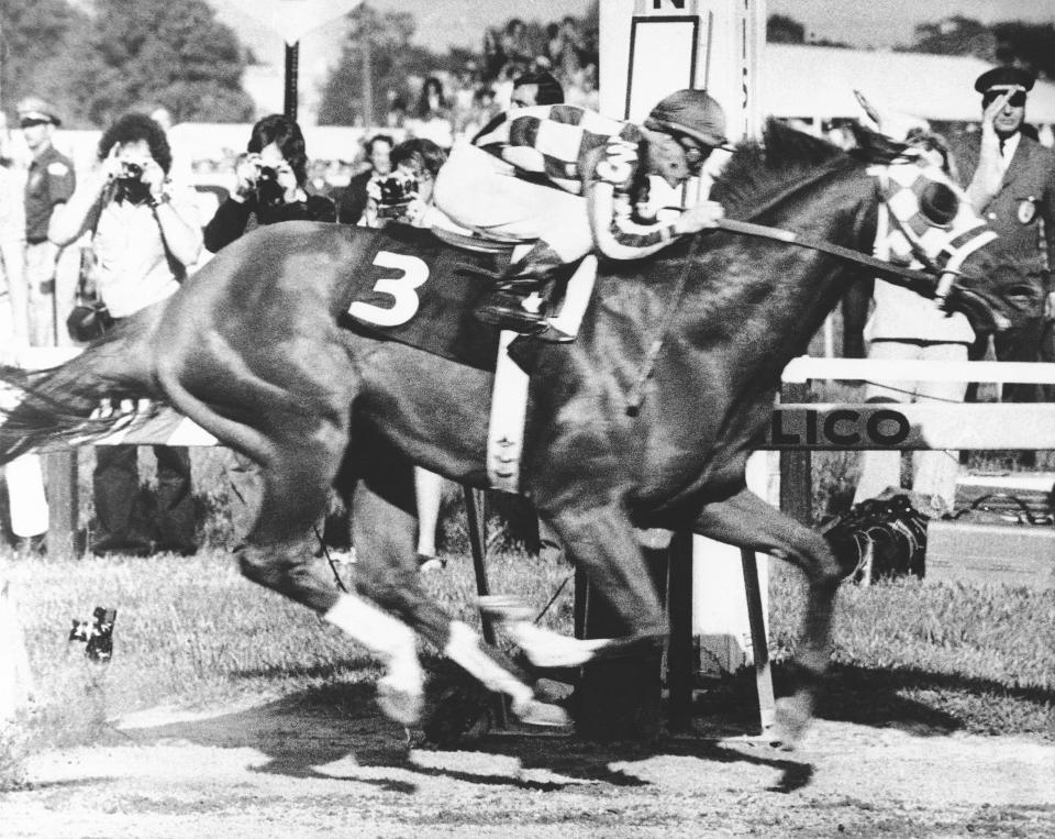 FILE - In this May 19, 1973 file photo, Secretariat, with Ron Turcotte up, wins the 98th Preakness Stakes horse race at Pimlico Race Course in Baltimore. Calling Secretariat a mere Triple Crown winner probably understates his dominance. The colt with the nickname Big Red not only won the Kentucky Derby, Preakness and Belmont Stakes in 1973 — he finished each in record time. (AP Photo/File)