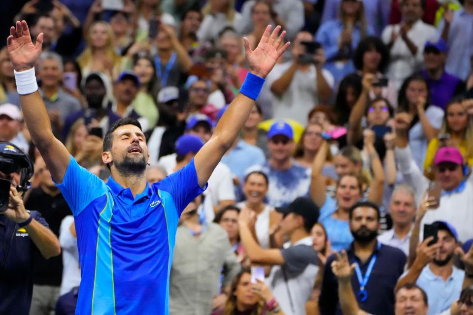 Sept. 10: Novak Djokovic celebrates after his match against Daniil Medvedev.