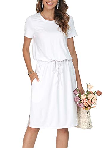 Simier Fariry Womens Plain Summer Fall Modest Casual Pockets Midi Dress White S (Amazon / Amazon)