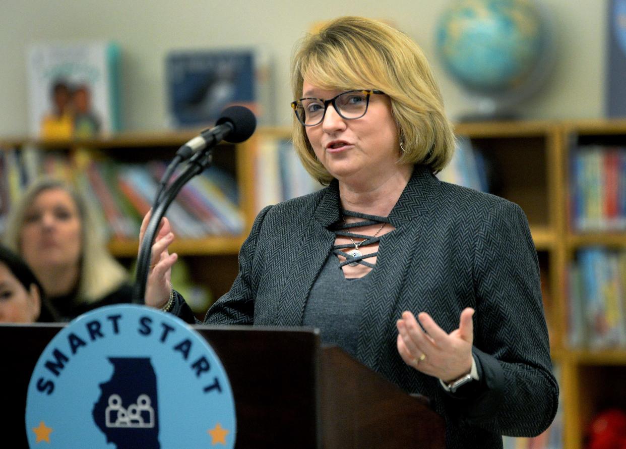 Superintendent of Springfield Public Schools District 186 Jennifer Gill speaks at a press conference given by Illinois Gov. JB Pritzker on Smart Start Illinois at the Early Learning Center in Springfield Thursday Feb. 16, 2023.