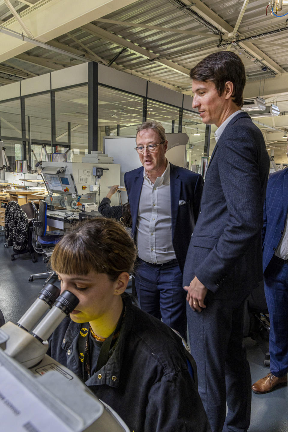 Denis De Becker and Alexandre Arnault in the Orest factory in Saint-Dié-des-Vosges, France.