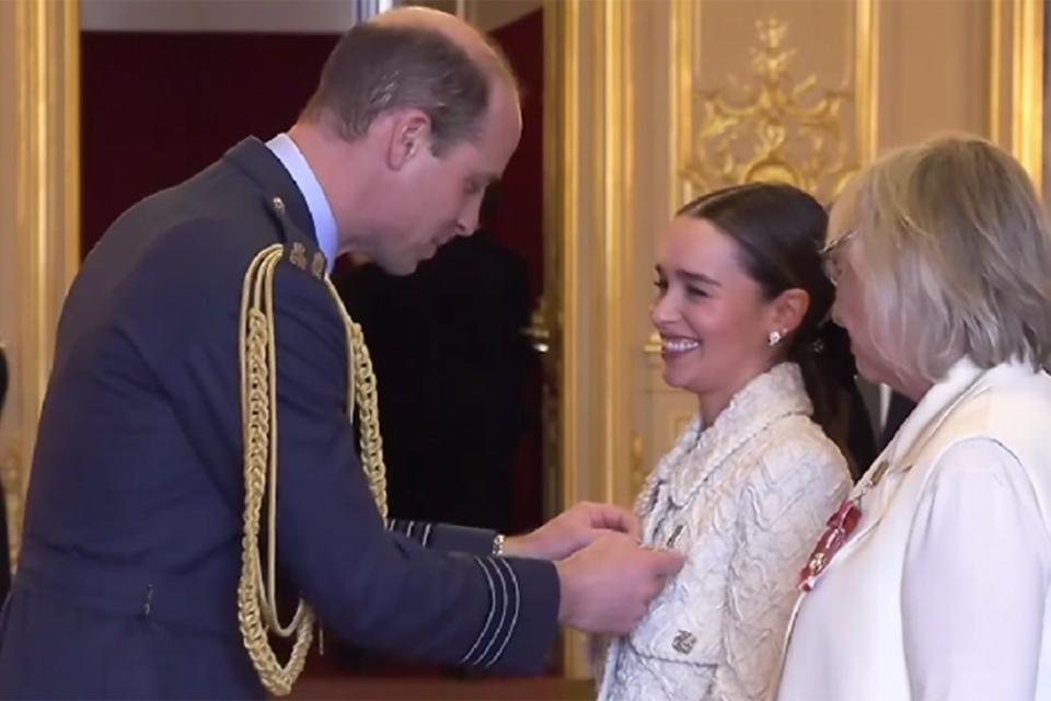 <p>The Prince and Princess of Wales/Instagram</p> Prince William, Emilia Clarke and her mother Jennifer at Windsor Castle on February 21.