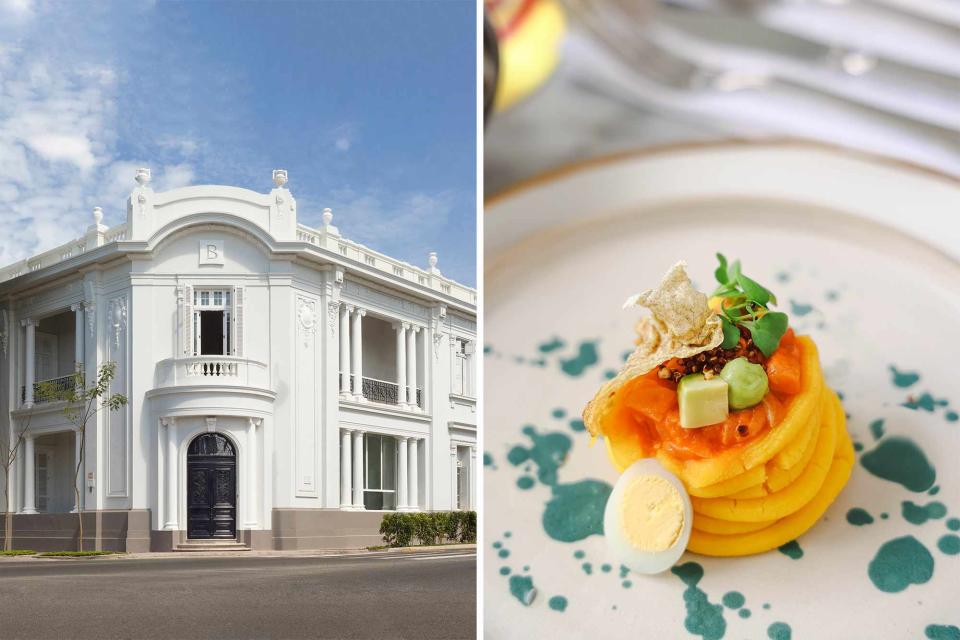 <p>Courtesy of Hotel B</p> From left: Hotel B, a Relais & Châteaux property; trout tartare with avocado mousse, quinoa, and trout skin at the hotel